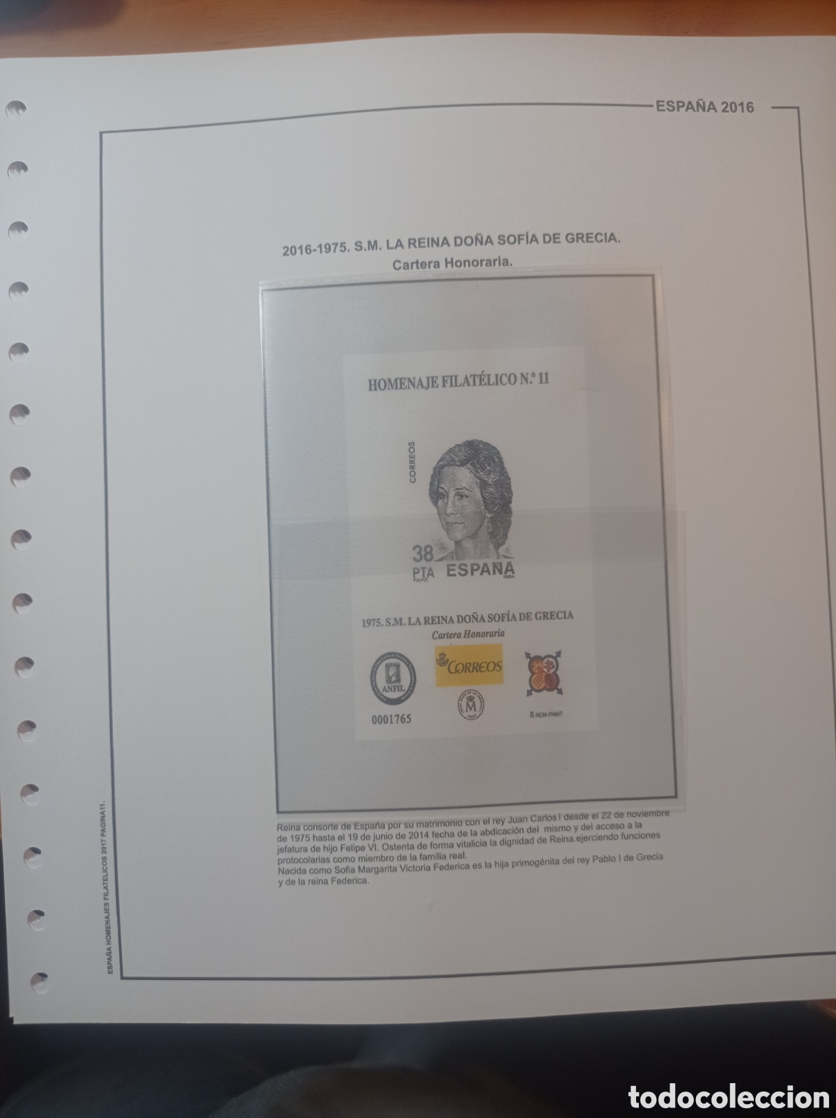 Sellos: Suplemento de Espa&ntilde;a 2016 homenaje filat&eacute;lico la reina do&ntilde;a Sof&iacute;a anilla redonda segund mano