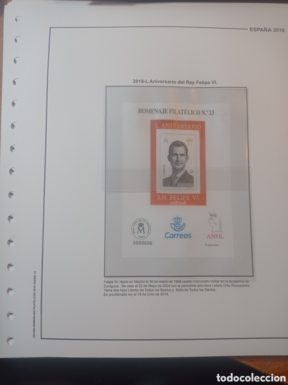 Sellos: Suplemento de Espa&ntilde;a 2018 homenaje filat&eacute;lico aniv del rey felipe VI a ulla redonda nuevo a estrenar