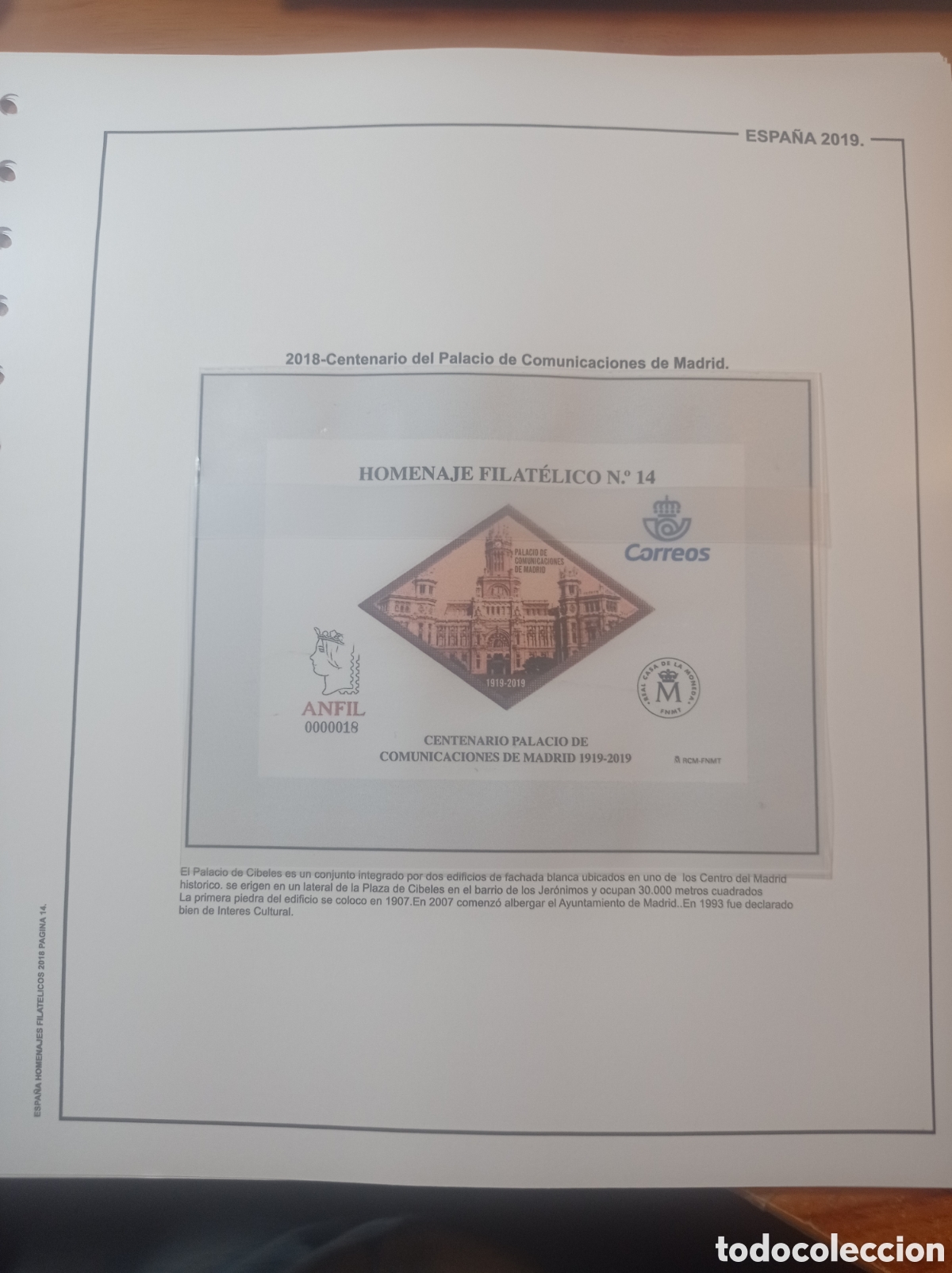 Sellos: Suplemento de Espa&ntilde;a 2018 homenaje filat&eacute;lico cent palacio de las comunicaciones anilla redonda nuev