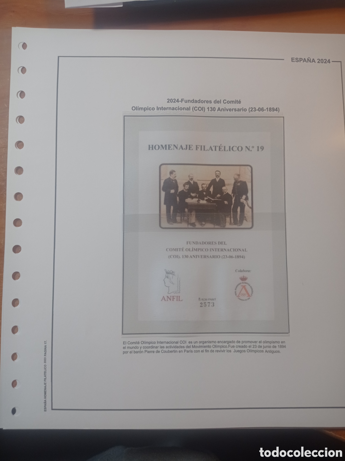 Sellos: Suplemento de Espa&ntilde;a 2024 homenaje filat&eacute;lico comit&eacute; ol&iacute;mpico internacional anilla redonda montado b