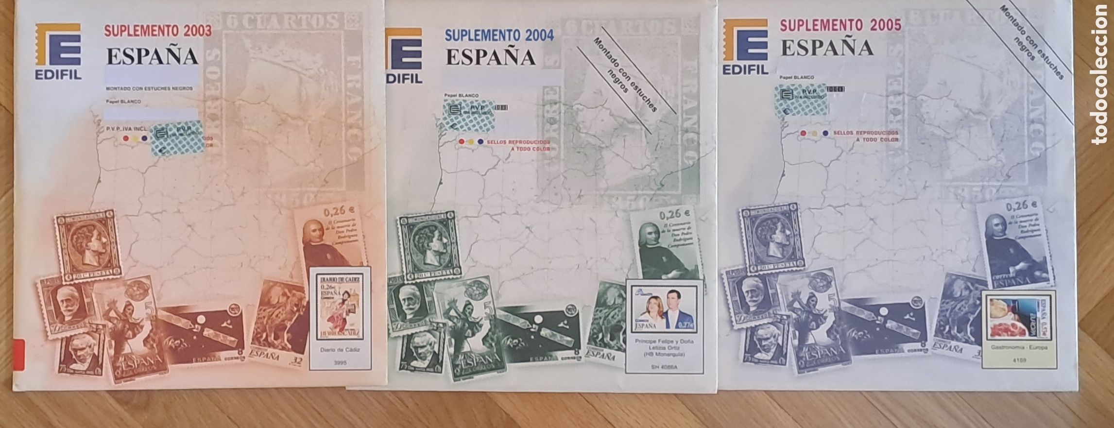 Sellos: conjunto de 3 Suplementos Edifil parcial de los a&ntilde;os 2003, 2004 y 2005 estuchado negro