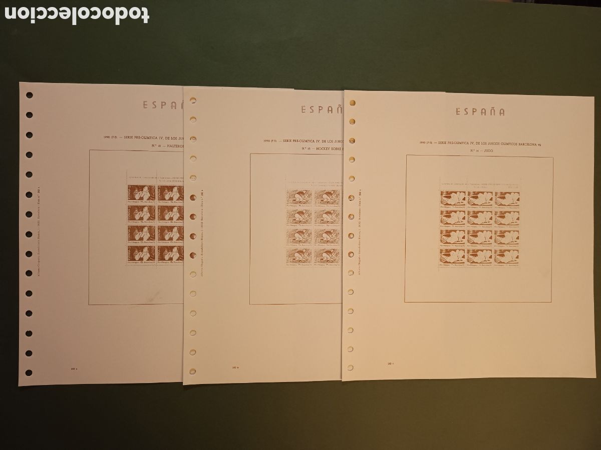 Sellos: 3 HOJAS &Aacute;LBUM OLEGARIO - N&deg;12, 13 Y 14 - SERIE PREOL&Iacute;MPICA IV JJOO BARCELONA 92