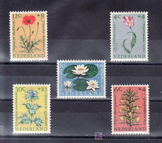 Sellos: holanda  719/23 con charnela, flores, - Foto 1