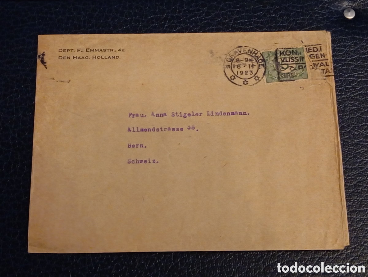 Sellos: Sobre Holanda 1923 La Haya a Berna Suiza - Marca Royal Mail Vlissingen