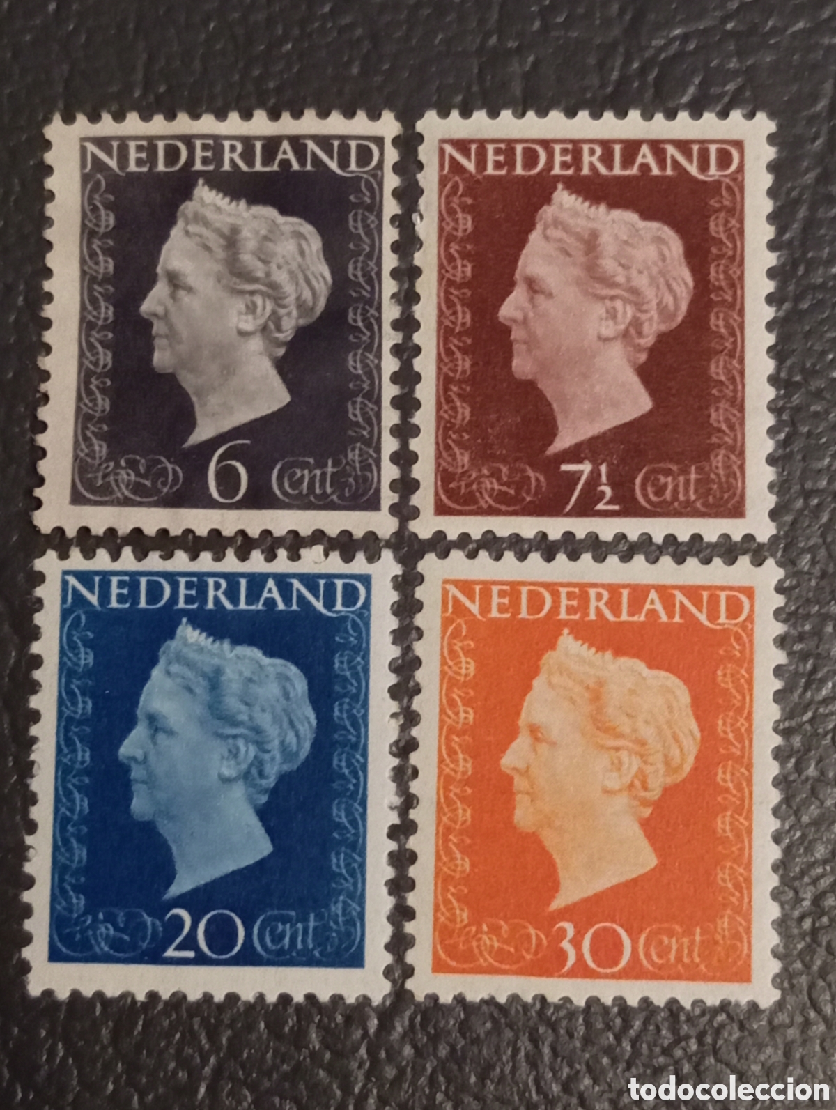 Sellos: Pa&iacute;ses Bajos 1947/48 - Serie Reina Guillermina (Hartz) NVPH 487, 489, 492, 494 MNH excepto el 6ct MH