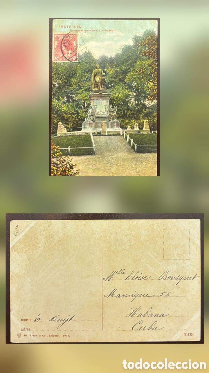 Sellos: CA)Netherlands .1907. Vondelpark Monument Postcard.Colored postcard depicting the statue of Joost va