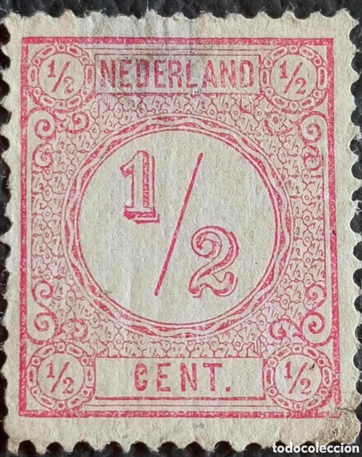 Sellos: Pa&iacute;ses Bajos 1876 Scott #34 &ndash; &frac12; Cent Rosa Numeral