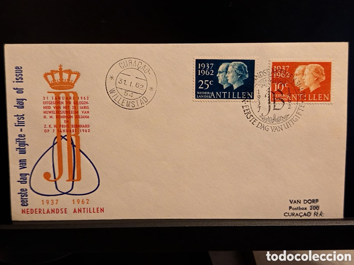 Sellos: Sobre Primer D&iacute;a (FDC) Antillas Neerlandesas 1962 - Bodas de Plata Reales (Juliana y Bernardo)