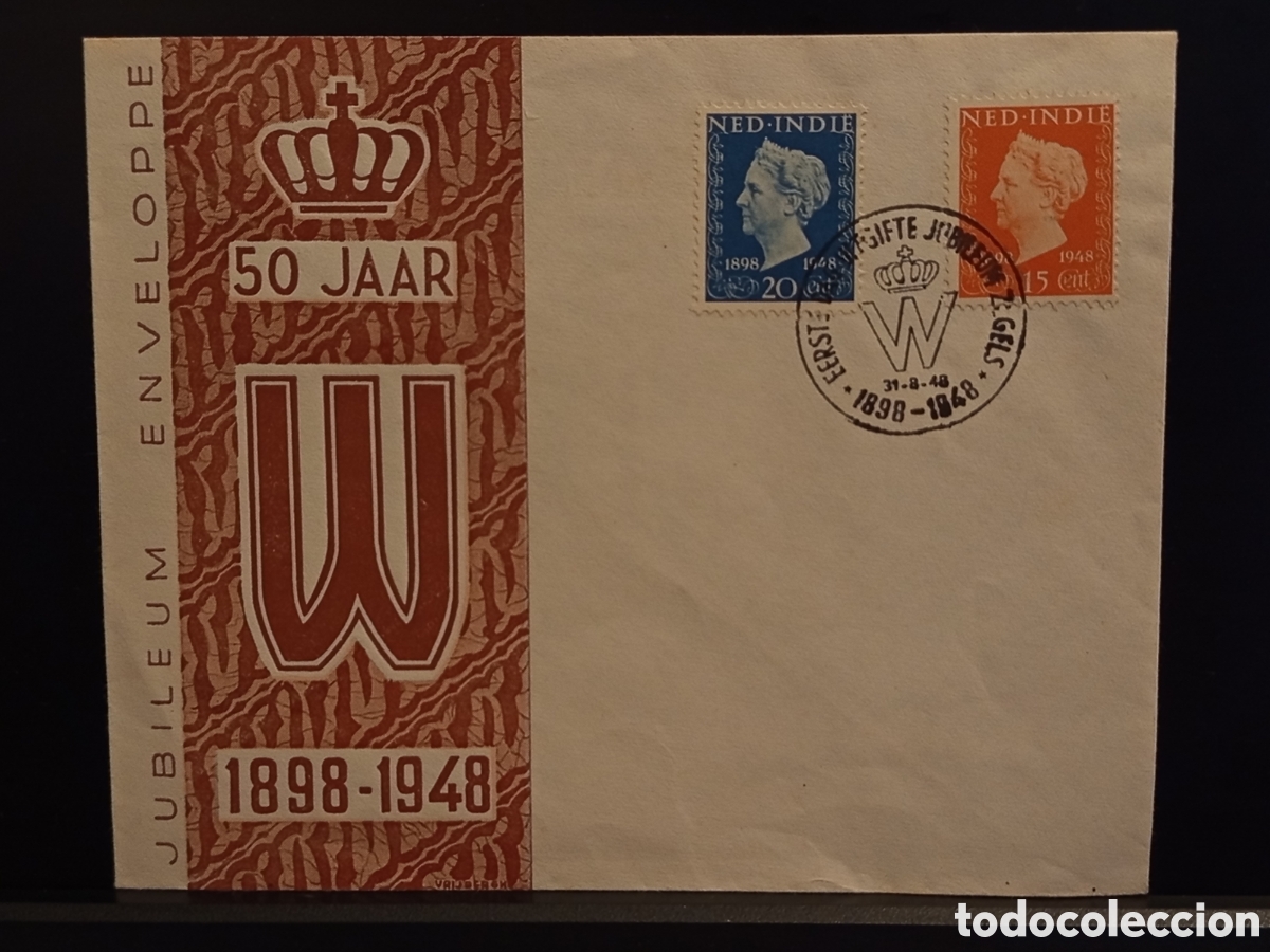Sellos: Sobre Primer D&iacute;a (FDC) Indias Orientales Neerlandesas 1948 - Jubileo 50 A&ntilde;os Reina Guillermina
