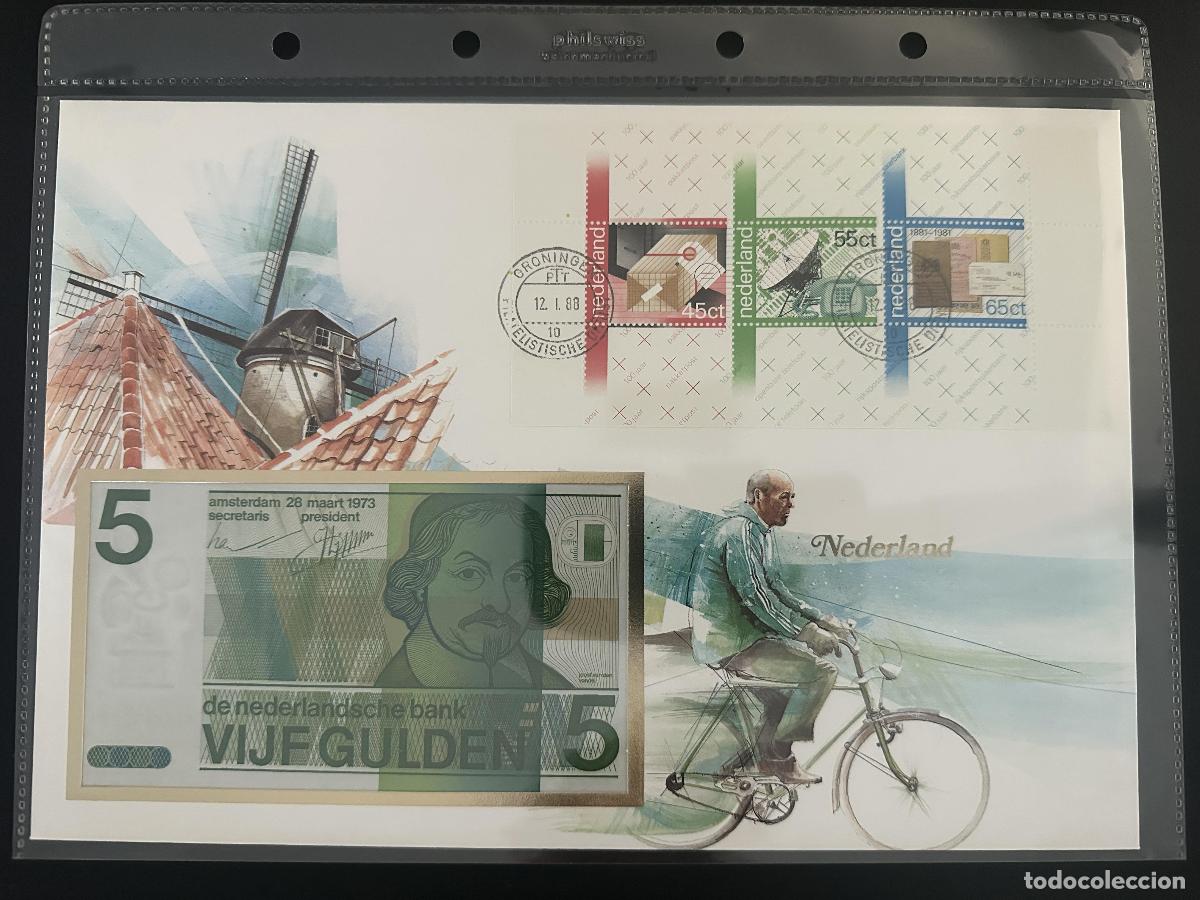 Sellos: Pa&iacute;ses Bajos Numisbrief 1988 Groningen billete 5 Gulden bloque sellos FDC