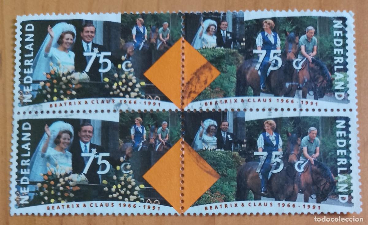 Sellos: HOLANDA, NEDERLAND - TIRA 4 SELLOS 75 C, 1955-1991, ANIVERSARIO REAL BEATRIZ Y CLAUS - YV 1370