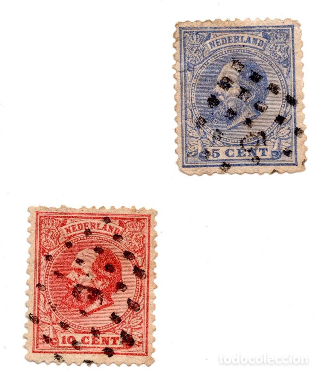 Sellos: HOLANDA 1872-1888 GUILLERMO III - 2 SELLOS 5 Y 10 CENT PUNTSTEMPEL