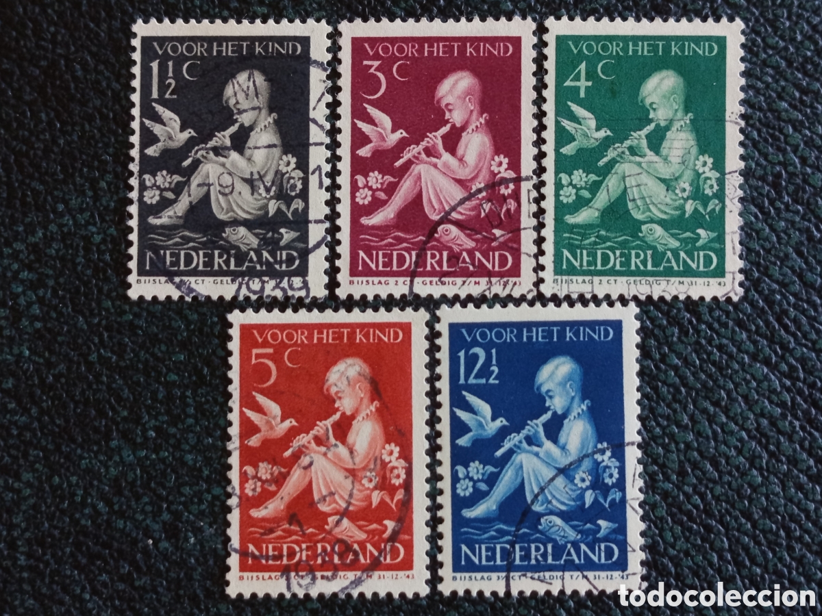 Sellos: Pa&iacute;ses Bajos 1938 Serie Completa Pro Infancia Ni&ntilde;o con Flauta Yvert 317/321 Usados