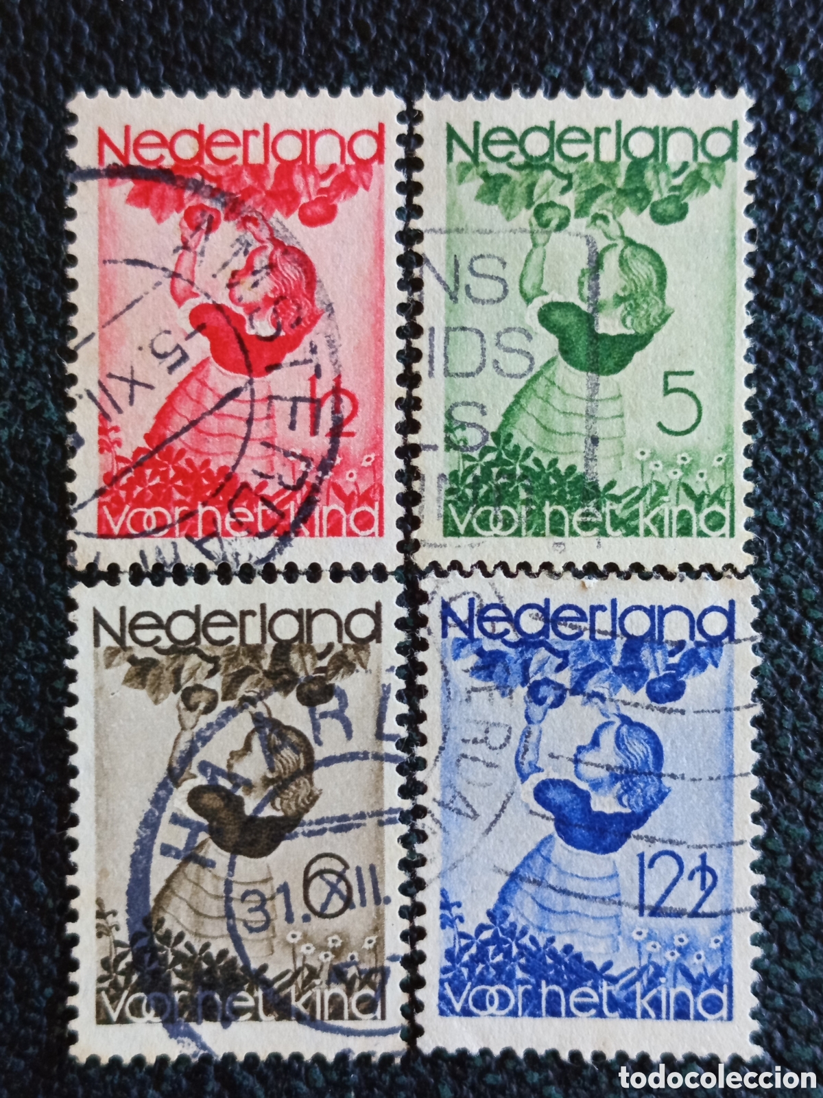 Sellos: Pa&iacute;ses Bajos 1936 Serie Completa Pro Infancia Ni&ntilde;a Recogiendo Manzanas Yvert 295/298 Usados
