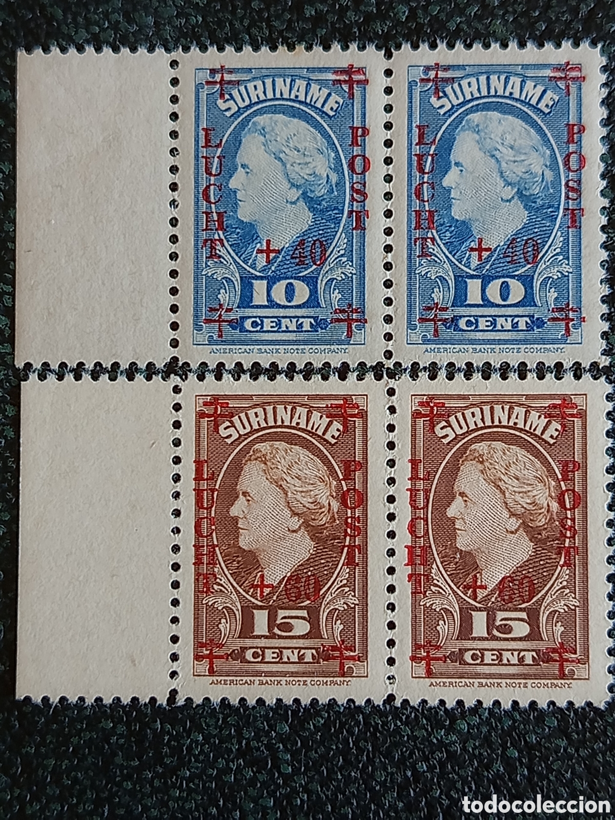 Sellos: Parejas Sello Surinam 1946 Correo A&eacute;reo Cruz Roja MNH NVPH LP27/LP28