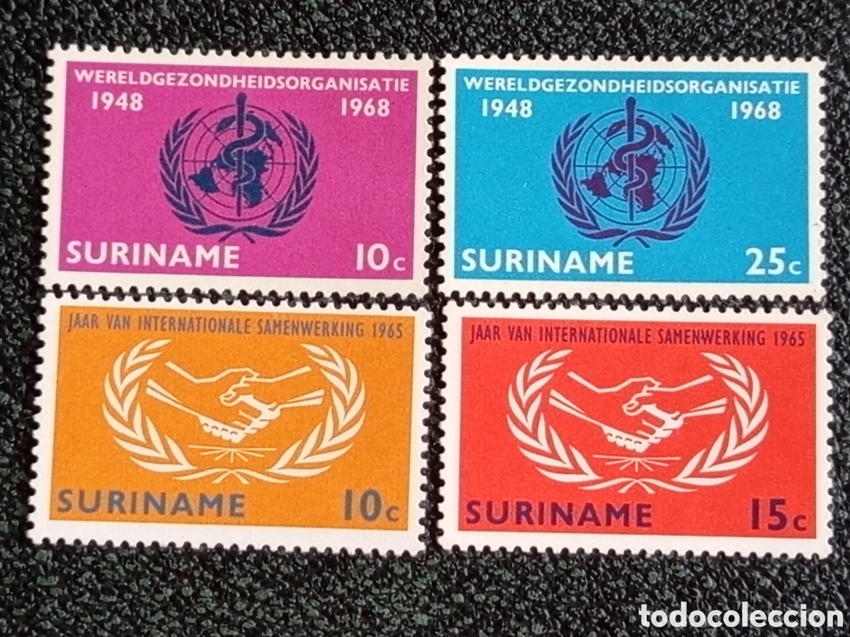 Sellos: Lote Surinam 1965 Cooperacion Int y 1968 OMS Scott 318-319 / 353-354 MH