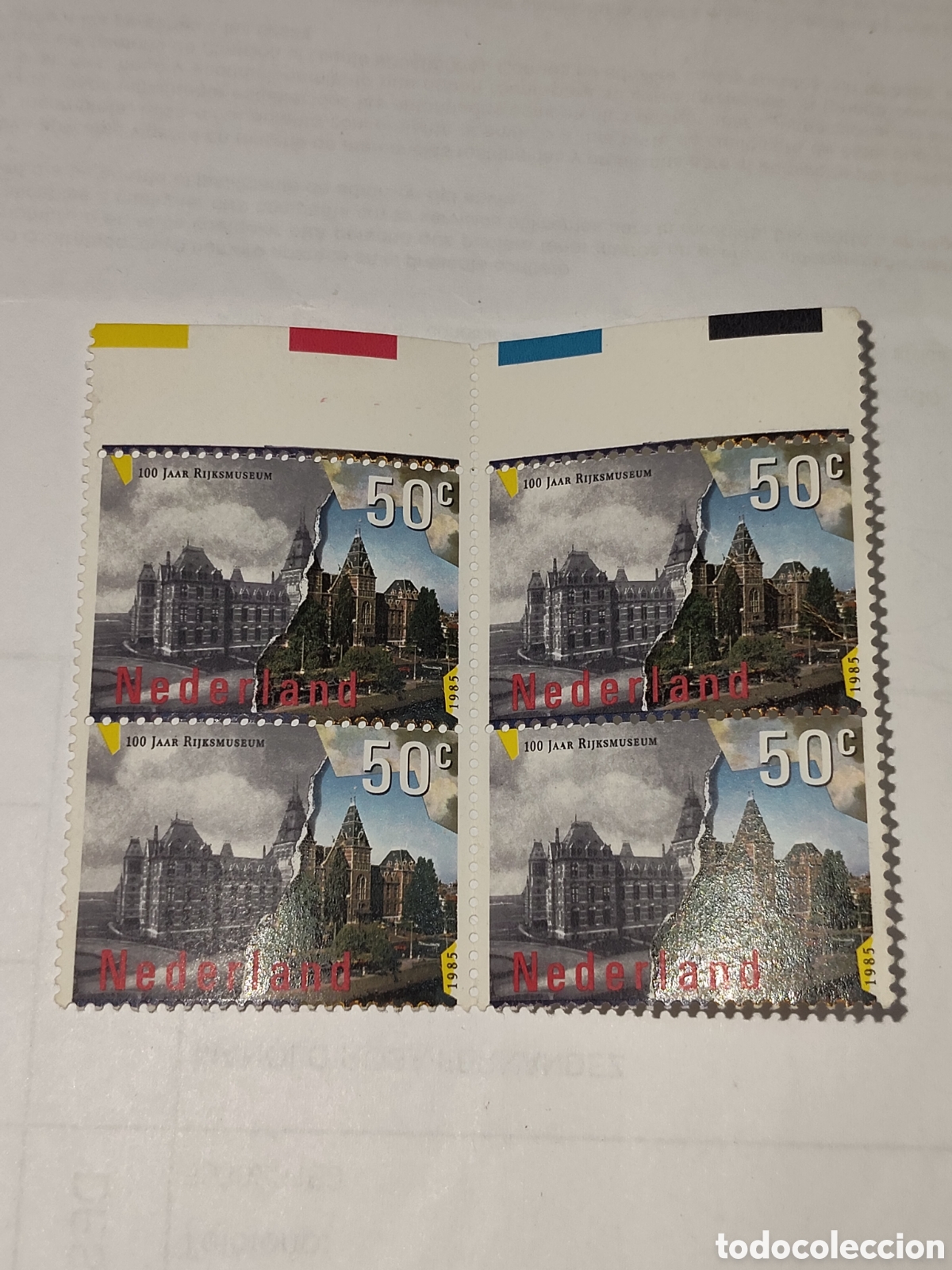 Sellos: Bloque de 4 sellos de Holanda 100 aniversario del Rijksmuseum de &Aacute;msterdam 1985