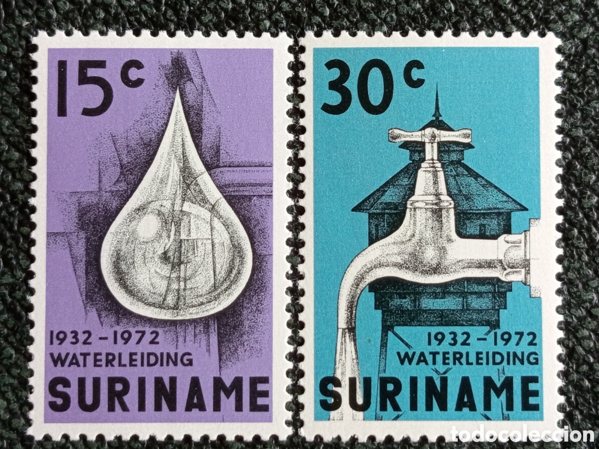 Sellos: Surinam 1972 Lote 2 Sellos 40 Aniversario Suministro de Agua MNH NVPH 572/573