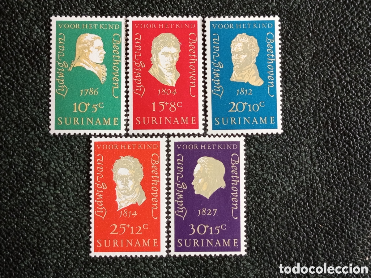 Sellos: Surinam 1970 Lote 5 Sellos Beneficencia Bicentenario Beethoven MNH NVPH 530/534