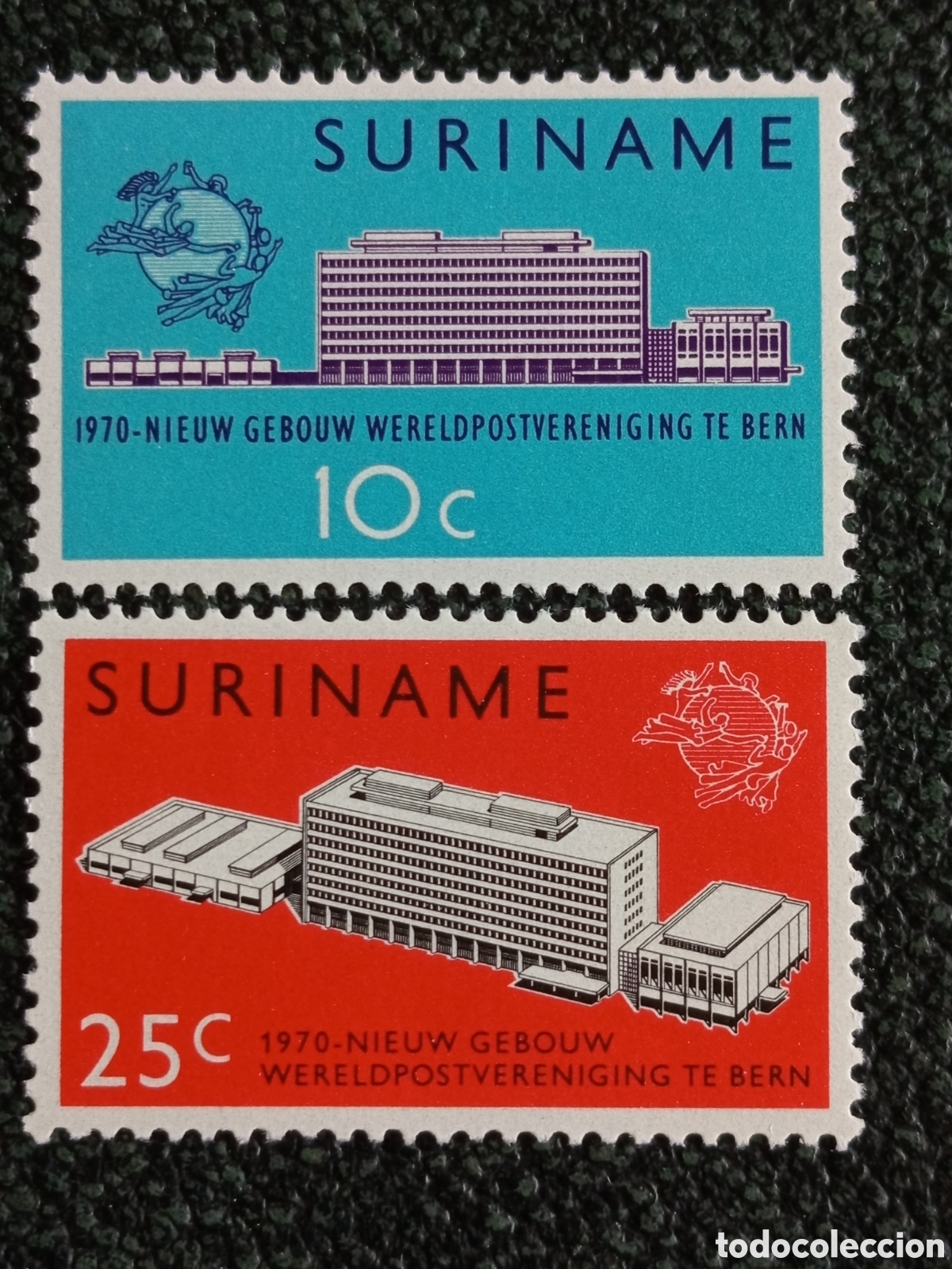 Sellos: Surinam 1970 Lote 2 Sellos Edificio UPU en Berna MNH NVPH 539/540