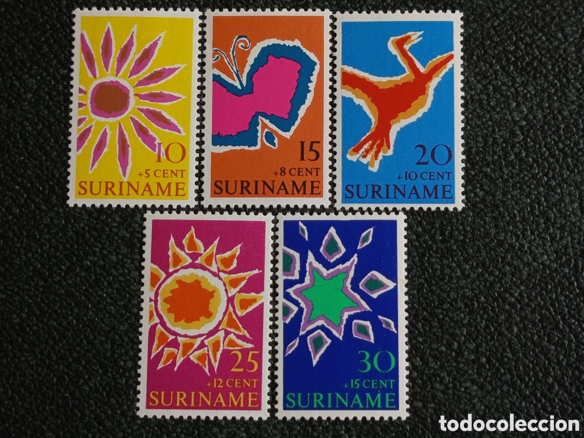 Sellos: Surinam 1971 Lote 5 Sellos Beneficencia Infantil Arte Popular MNH NVPH 560/564