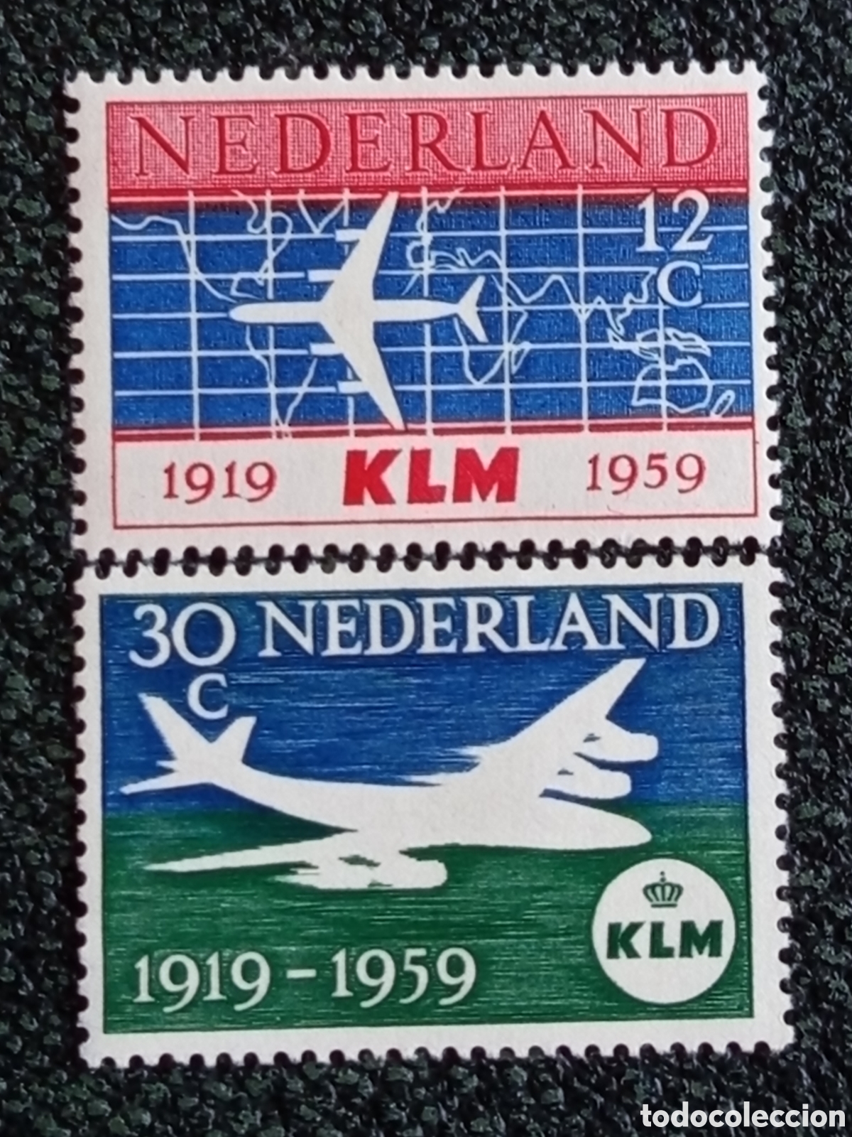 Sellos: Pa&iacute;ses Bajos 1959 Lote 2 Sellos 40 Aniversario Aerol&iacute;nea KLM MNH NVPH 713/714