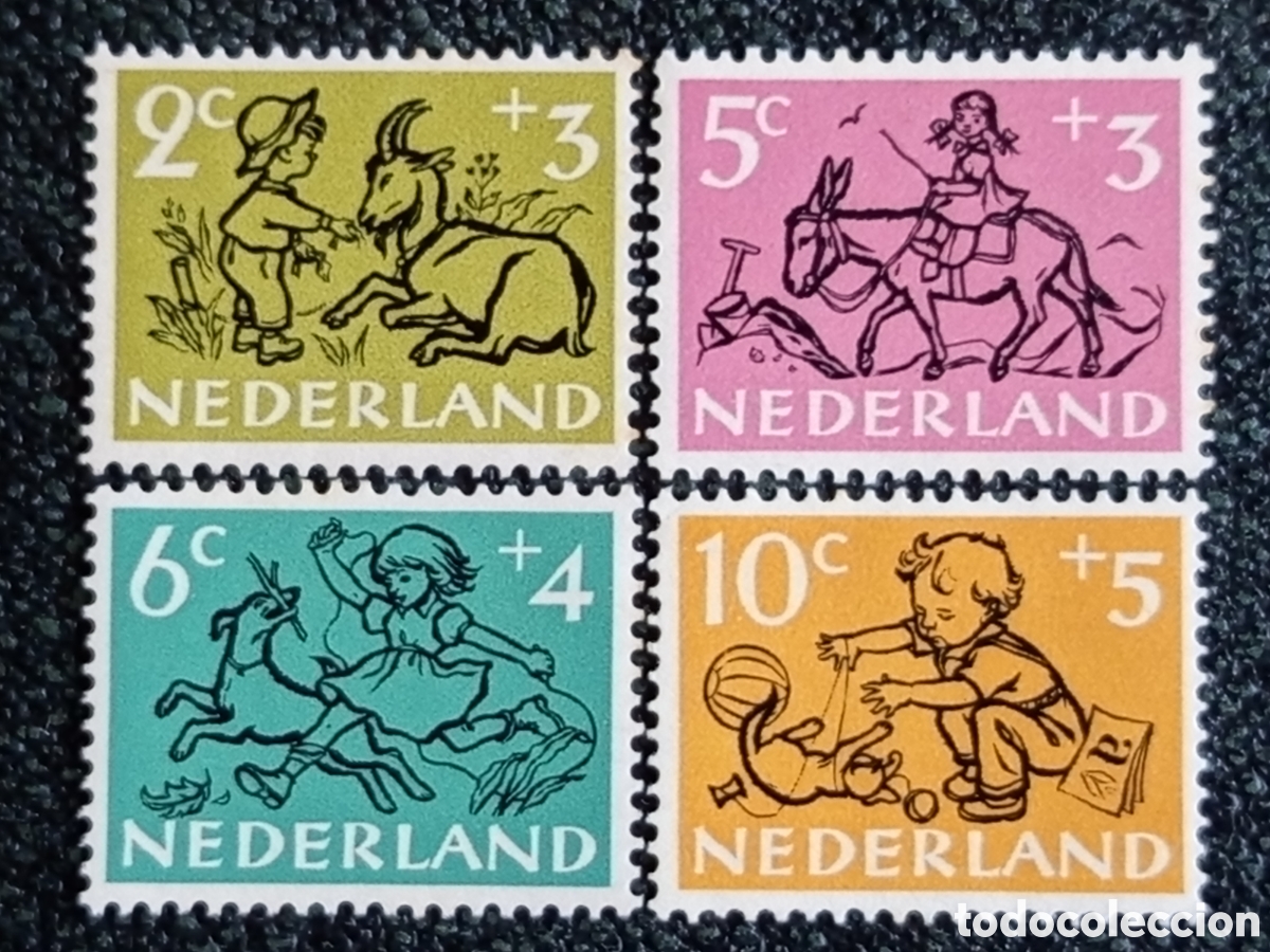Sellos: Pa&iacute;ses Bajos 1950 Lote 4 Sellos Ni&ntilde;os y Animales Ben&eacute;ficos MNH NVPH 534/537