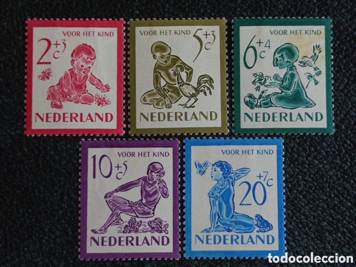Selos: Sellos Pa&iacute;ses Bajos 1950 Serie Completa Infancia y Animales Michel 565 al 569 MH