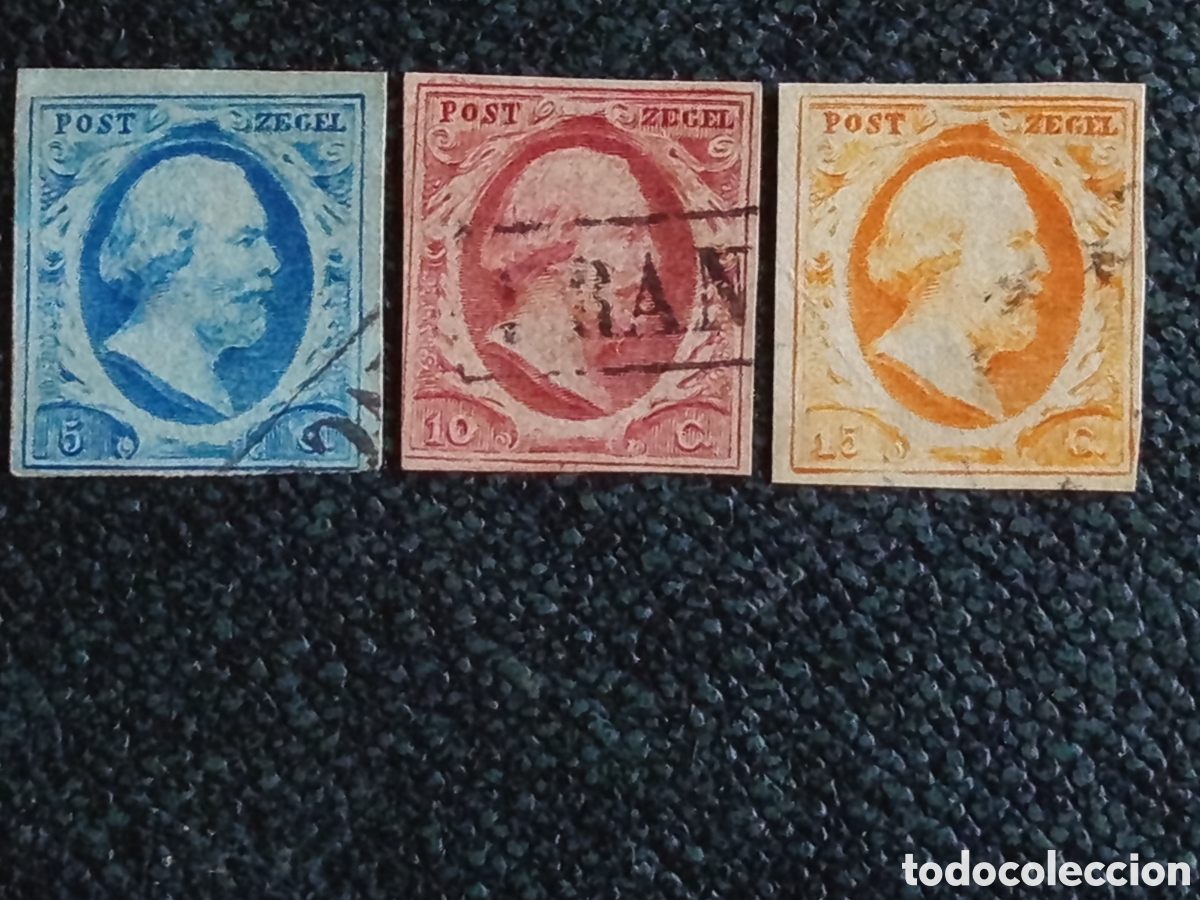 Briefmarken: Serie Holanda 1852 Guillermo III NVPH 1/3 (El NVPH 3 con Marquilla A. Roig Barcelona -alto Valor ))