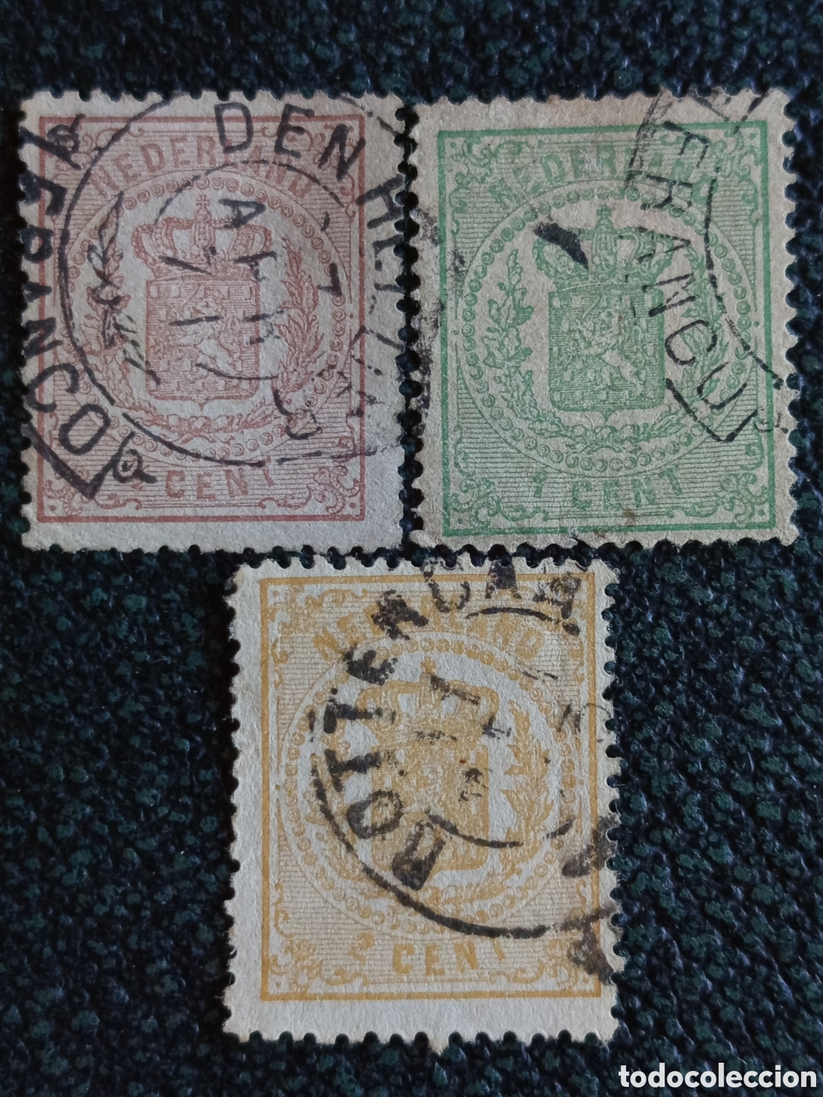 Timbres: Lote 3 Sellos Holanda 1869 Escudo de Armas &frac12;c 1c 2c Usados Cat&aacute;logo NVPH 13/15