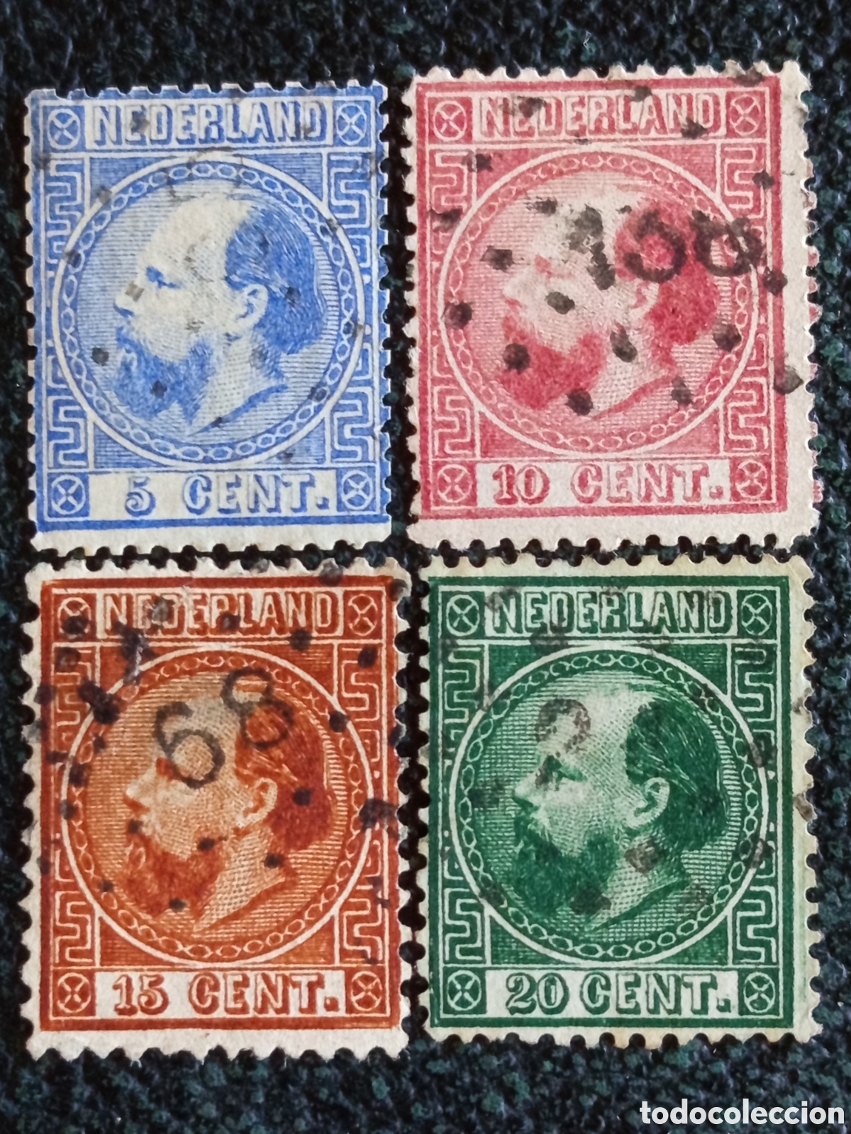 Francobolli: Lote 4 Sellos Holanda 1872 Guillermo III Usados Matasellos Puntos NVPH 19/21/23/24