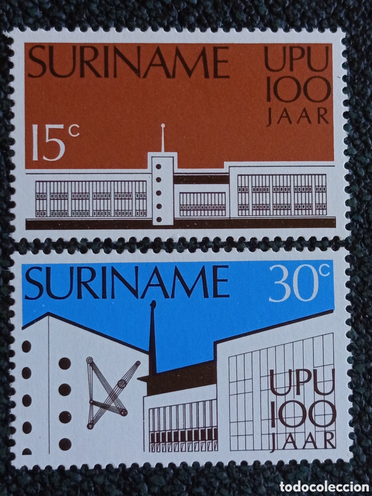 Sellos: Suriname 1974 Centenario UPU Arquitectura Serie MNH Cat Scott #417-418