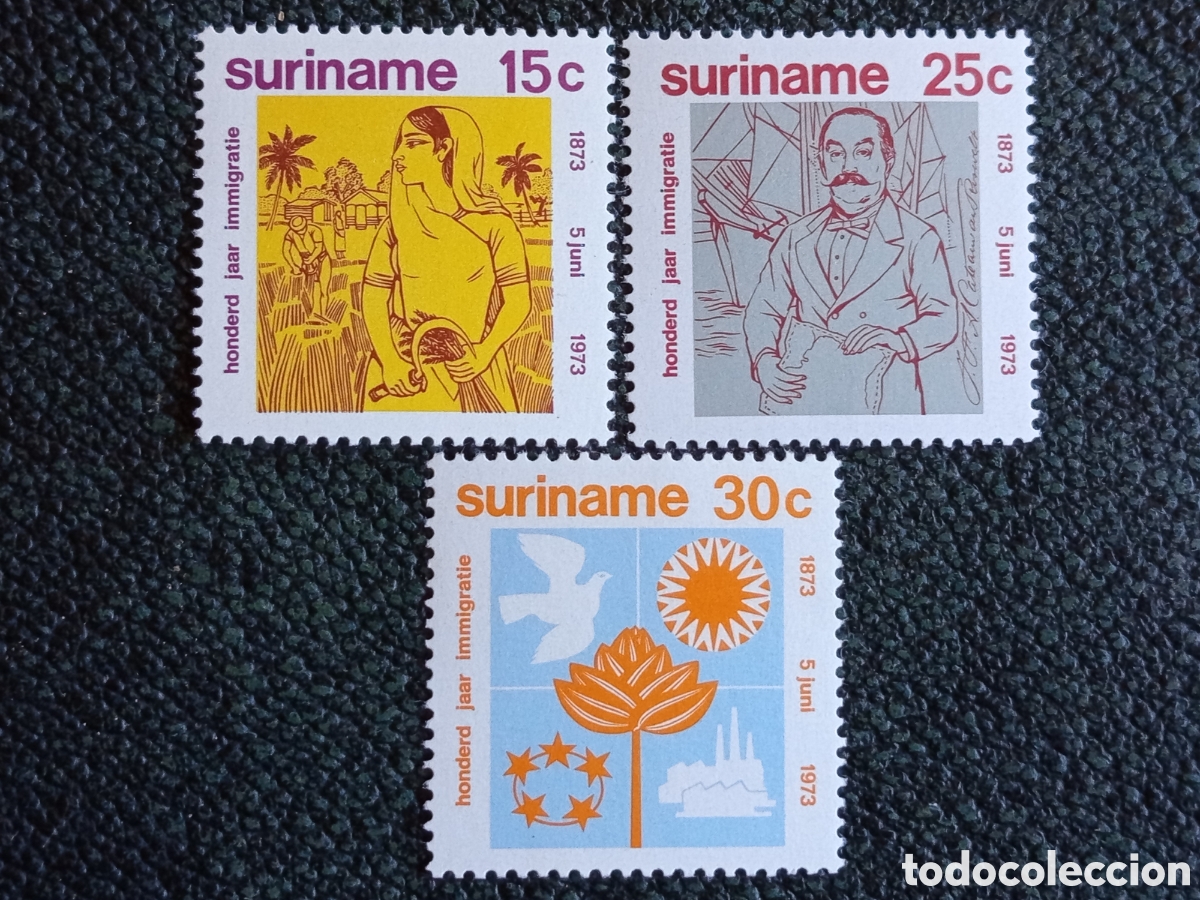 Sellos: Suriname 1973 Centenario Inmigraci&oacute;n India Serie MNH Scott #402-404