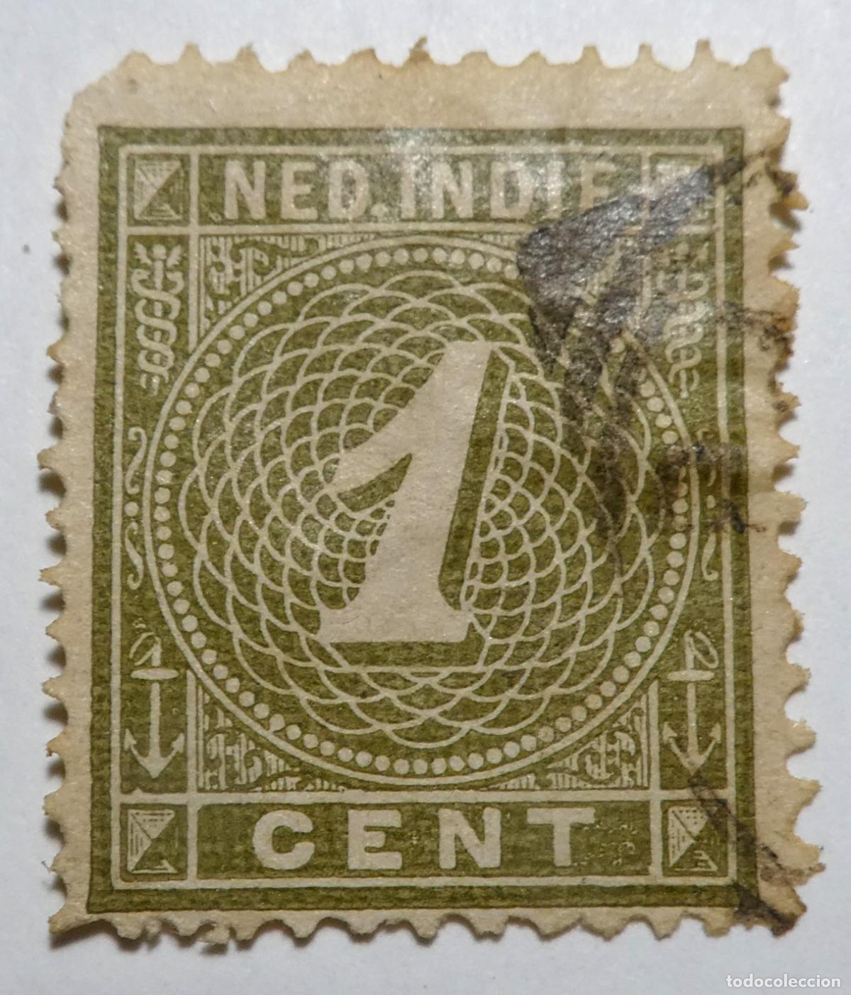 Sellos: Sello postal de Indias Orientales Neerlandesas,(Ned. Indi&euml;, la actual Indonesia) 1 cent 1883