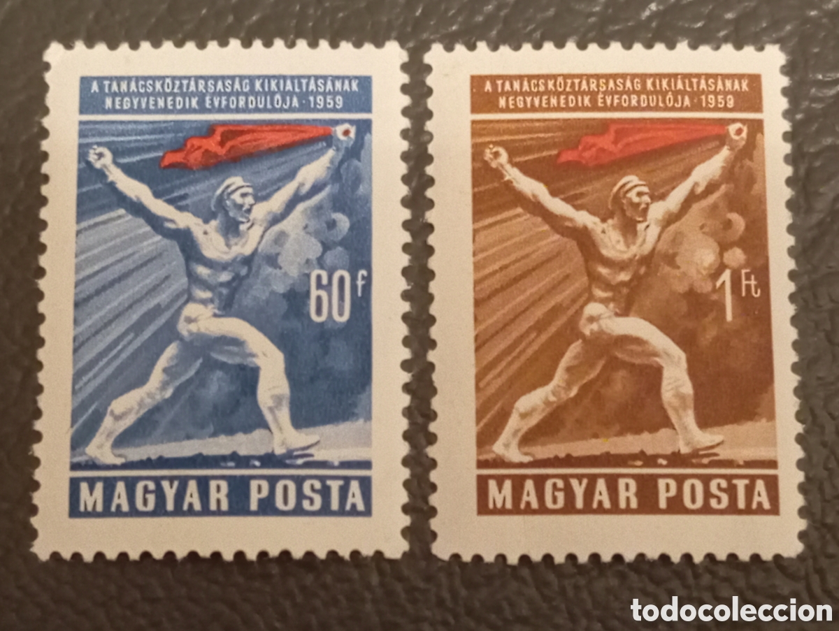 Sellos: Hungr&iacute;a 1959 - Michel 1578 y 1579 MH (40&ordm; Aniv. Rep&uacute;blica Sovi&eacute;tica)