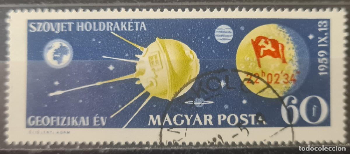 Timbres: Sello usado de Hungr&iacute;a 1959: Lunik II, con bandera sovi&eacute;tica y hora del alunizaje