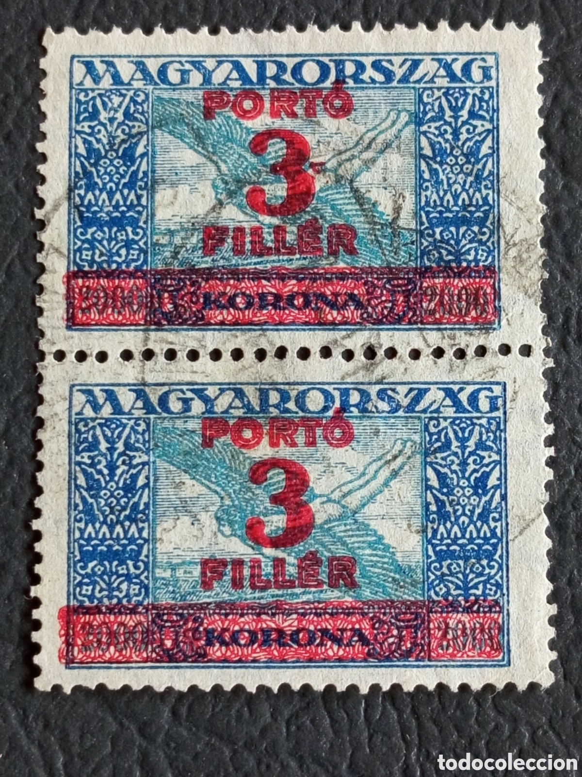 Sellos: Hungr&iacute;a Magyarorszag Porto 3 Filler Par Vertical Sobrecarga Korona Usado
