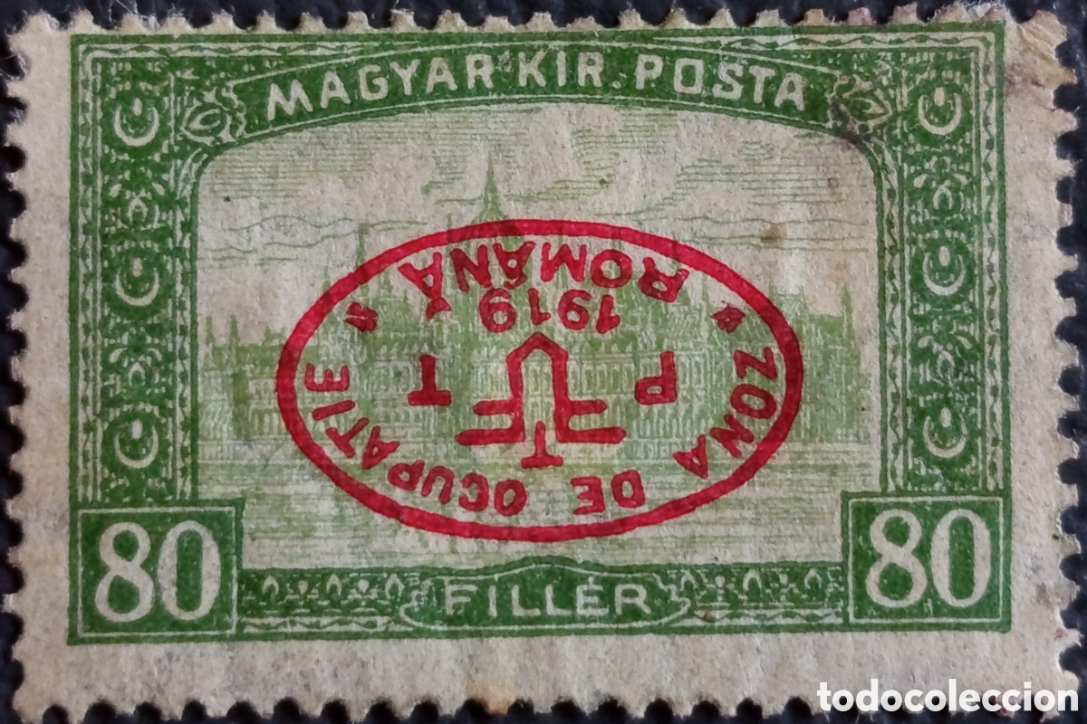 Briefmarken: Sello Ocupaci&oacute;n Rumana en Hungr&iacute;a 1919 Sobrecarga Invertida 80f Verde Cat#61a MH