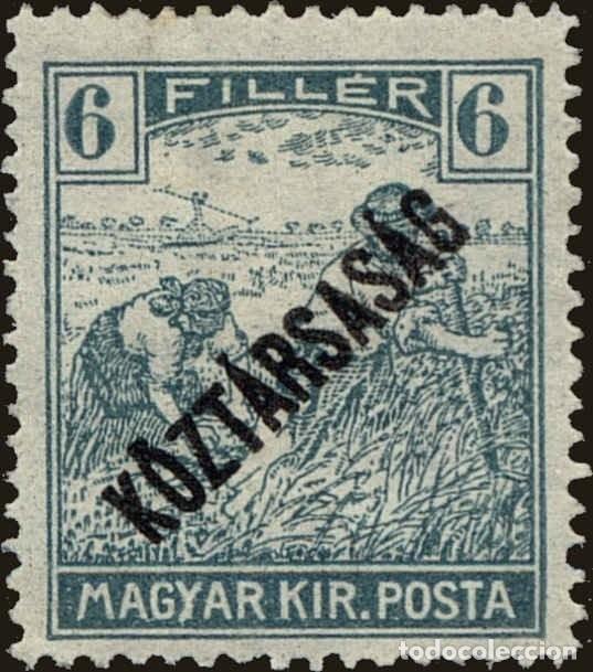 Sellos: Hungria 1918 Scott 157 Sello * Agricultura Labradores segando Sobrecargado &rdquo;Republica&rdquo; Michel 227