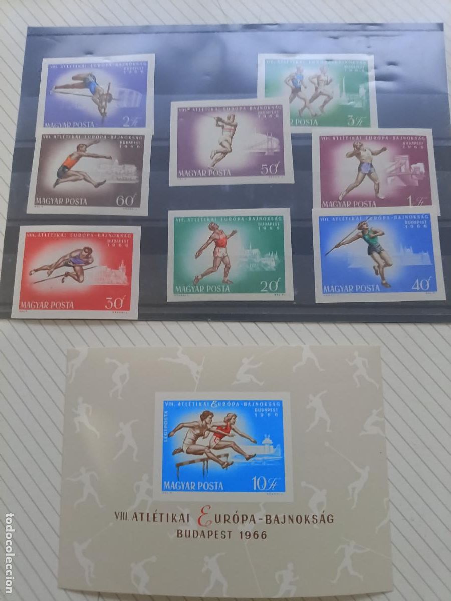 Sellos: HUNGRIA 1966 -YVERT 1852/1859 SIN DENTAR ** NUEVO SIN FIJASELLOS + Hojita. Camp Europa Atletismo