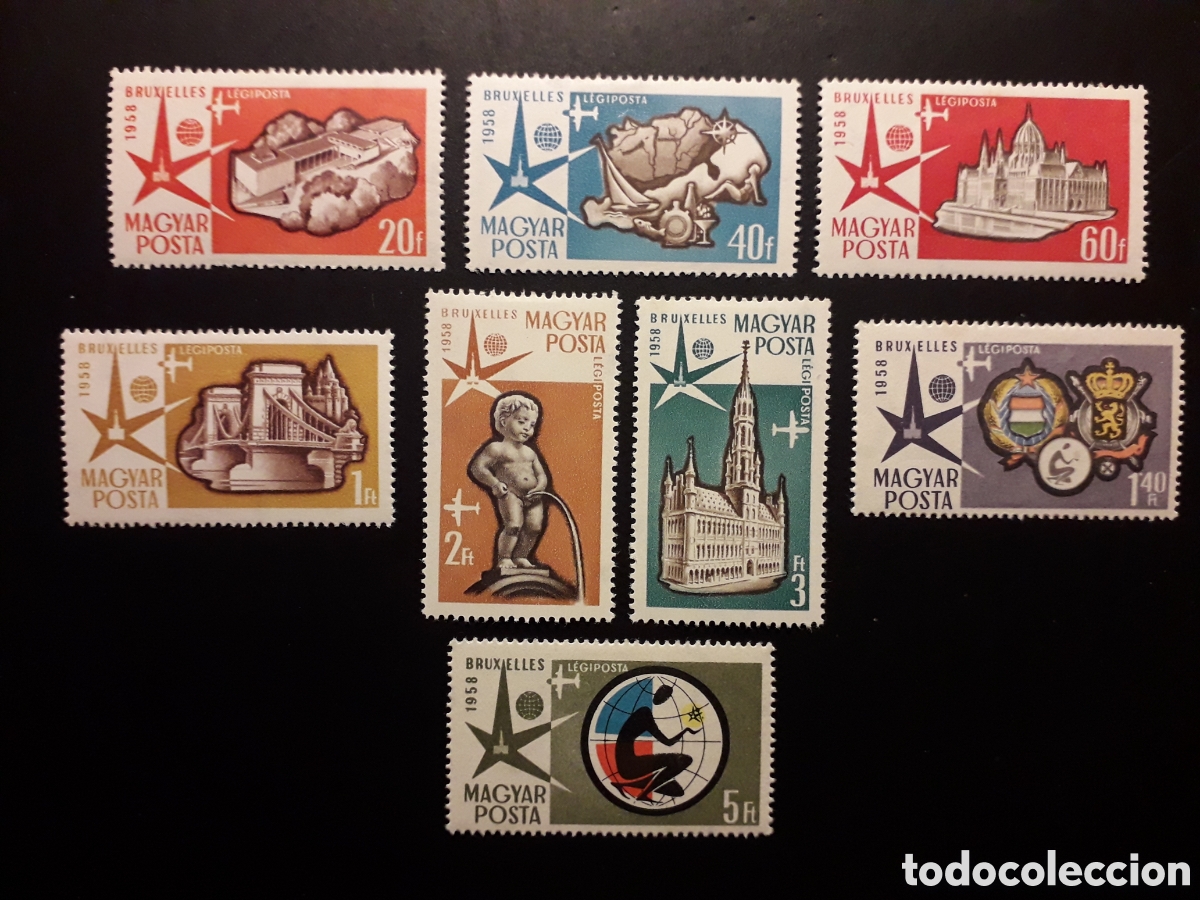 Sellos: HUNGR&Iacute;A YVERT A 198/205 SERIE COMPLETA NUEVA CON CHARNELA 1958 EXPO BRUSELAS PEDIDO M&Iacute;NIMO 3&euro;