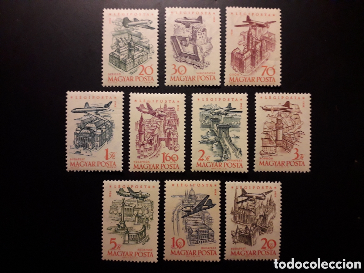 Sellos: HUNGR&Iacute;A YVERT A 213/22 SERIE COMPLETA NUEVA CON CHARNELA 1958-59 AVIONES Y CIUDADES PEDIDO M&Iacute;NIMO 3&euro;
