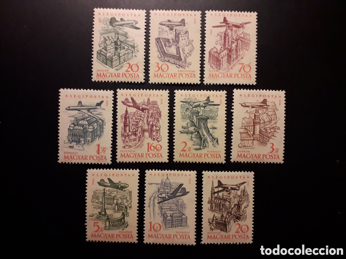 Sellos: HUNGR&Iacute;A YVERT A 213/22 SERIE COMPLETA NUEVA CON CHARNELA 1958-59 AVIONES Y CIUDADES PEDIDO M&Iacute;NIMO 3&euro;