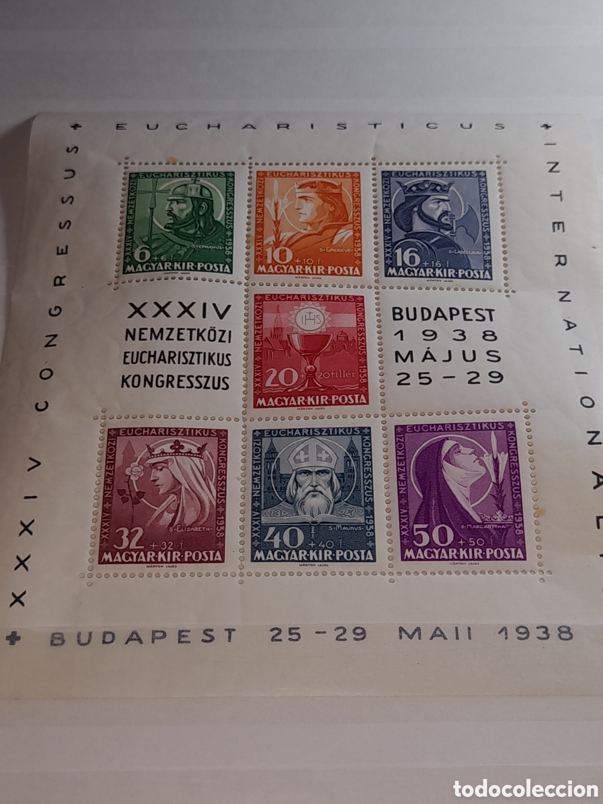 Sellos: HB Hungr&iacute;a nuevo 1938. 34 Congreso inter eucar&iacute;stico. Duques. Jefes estado. Religi&oacute;n. Clero. Reyes.