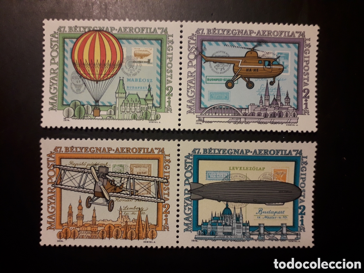 Sellos: HUNGR&Iacute;A YVERT A 372/5 SERIE COMPLETA NUEVA *** 1974 AEROFILA 74 GLOBO, AVIONES PEDIDO M&Iacute;NIMO 3&euro;
