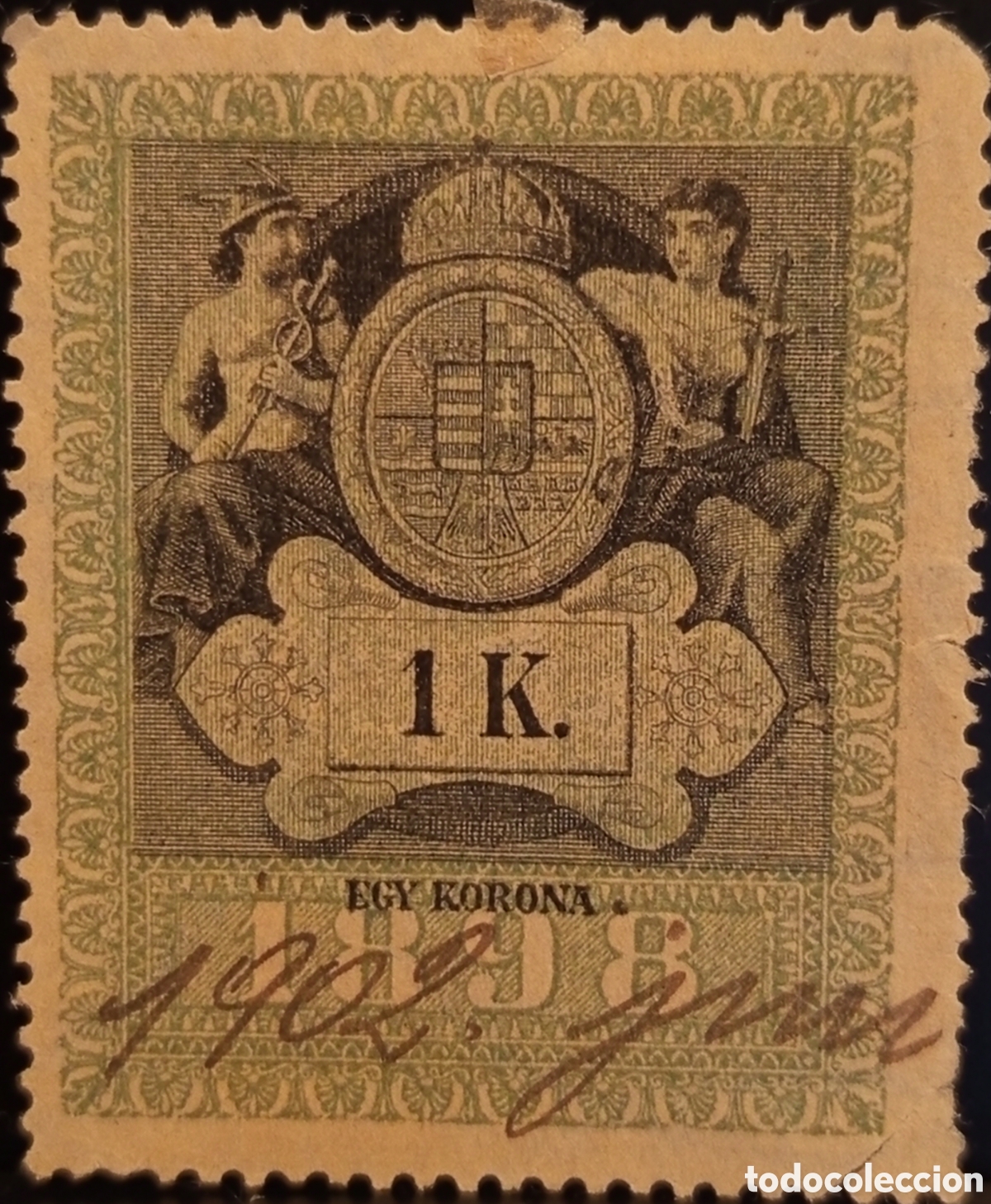 Sellos: Sello fiscal Hungr&iacute;a 1 Korona 1898 - Escudo con alegor&iacute;as