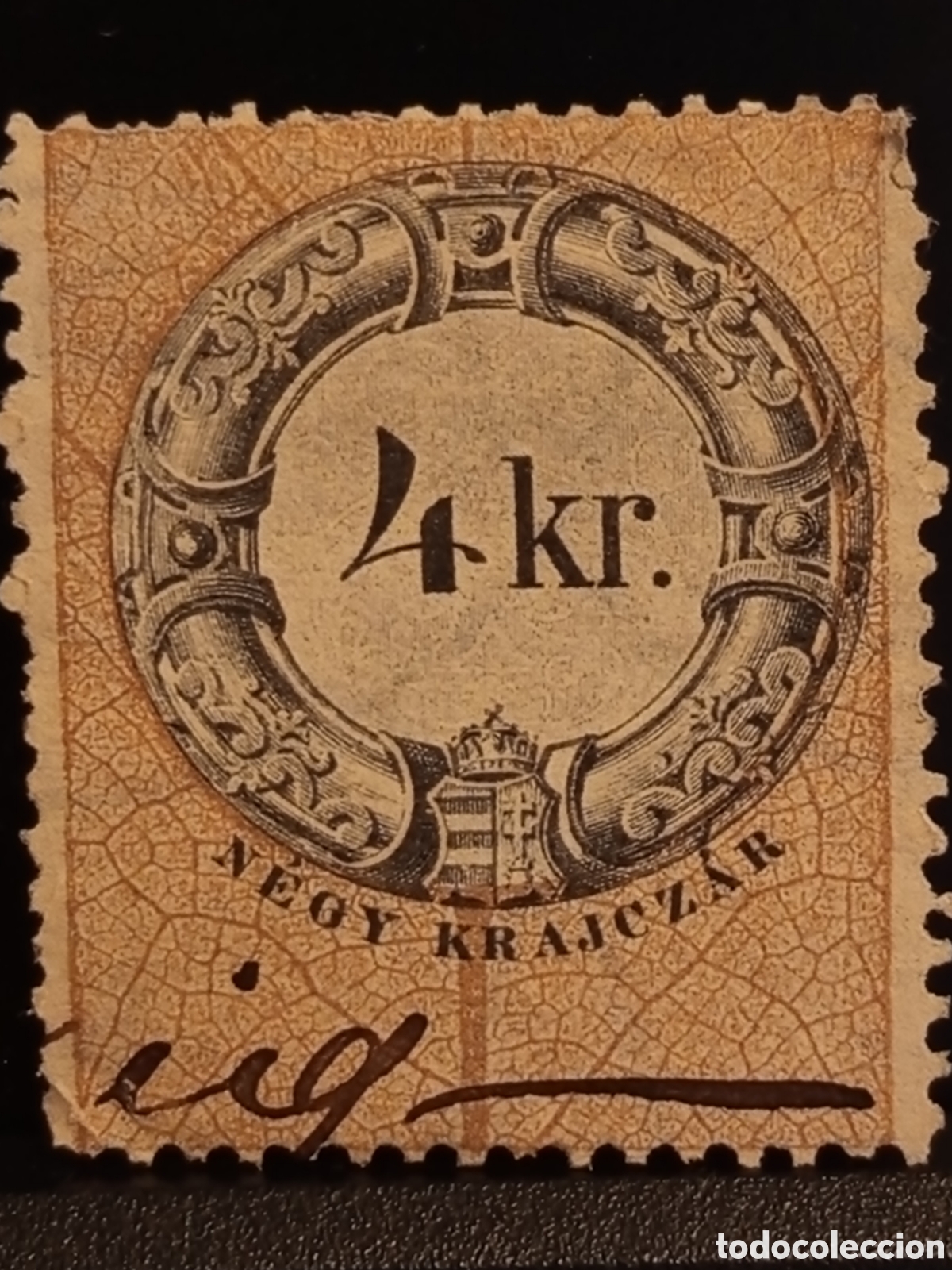Francobolli: Sello Fiscal Hungr&iacute;a 1898 4 kr Krajcz&aacute;r Escudo y Firma Manuscrita - Usado