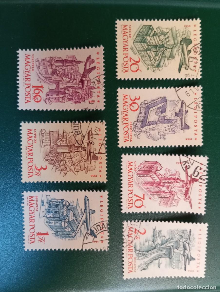 Sellos: HUNGR&Iacute;A, 1958, AEREOS, EDIFICIOS SIMBOLICOS SOBRE VOLADOS, YT A213/9