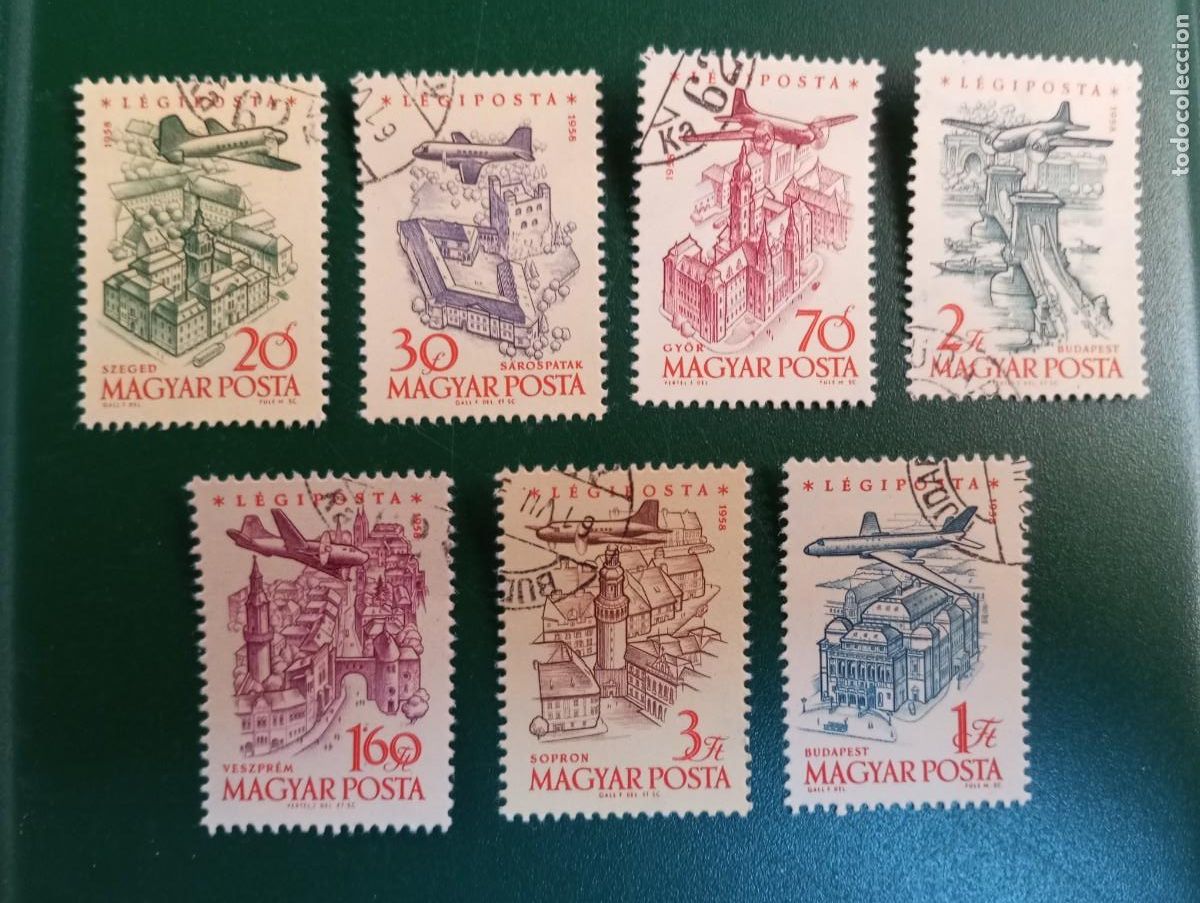 Sellos: HUNGR&Iacute;A, 1958, AEREOS, EDIFICIOS SIMBOLICOS SOBRE VOLADOS, YT A213/9