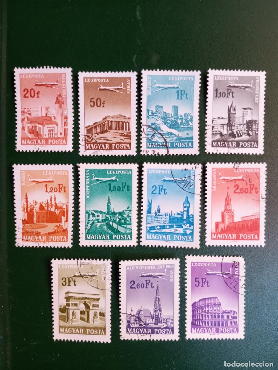 Sellos: HUNGR&Iacute;A, 1966, A&Eacute;REOS, CISTAS DE EDIFICIOS HISTORICOS, YT A 279/89@